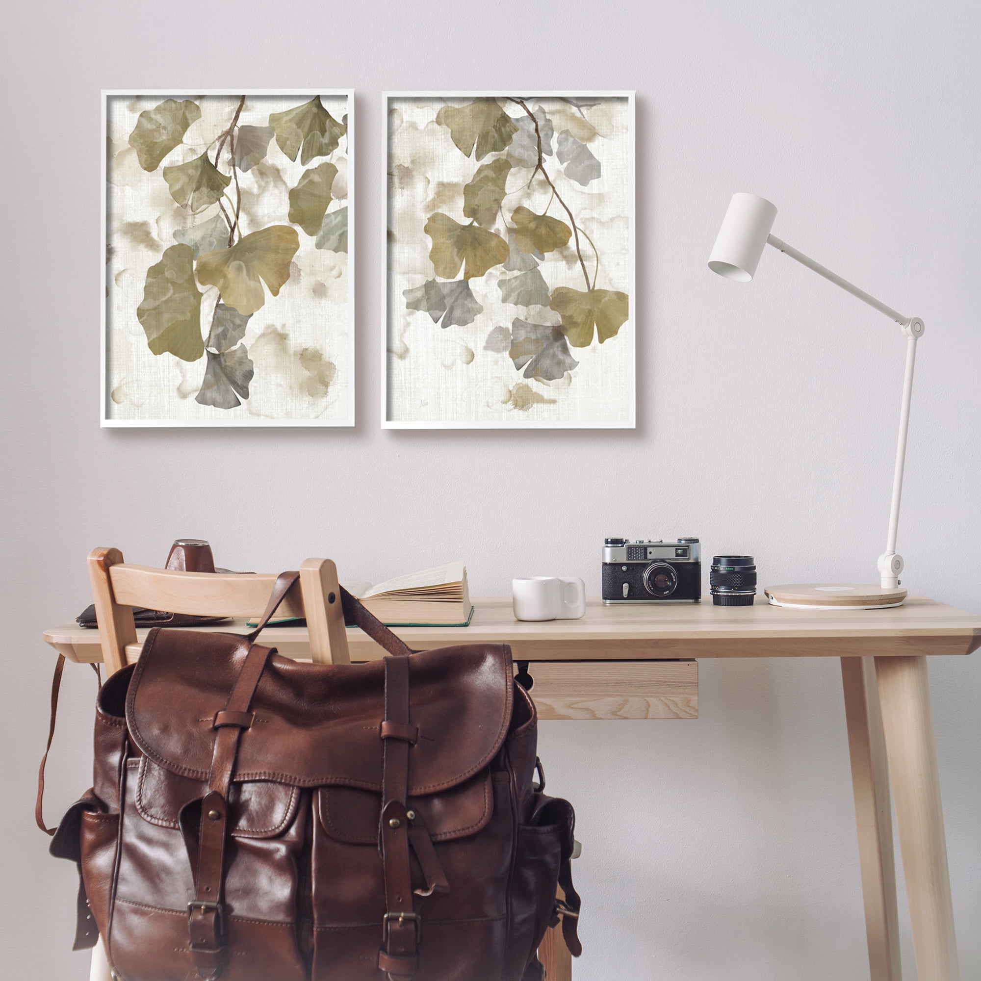 Stupell Industries Rustic Gingko Leaves Botanical & Floral Painting White Framed Art Print Wall Art, 16 x 20, Set of 2