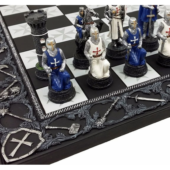 Medieval Times Crusades Blue White Armored Maltese Knight Chess Set 17" Board
