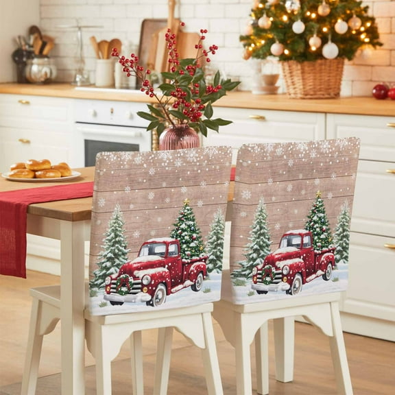 Christmas Red Truck Chair Covers Set of 1 Winter Car Xmas Trees Snow Wood Grain Chair Back Covers Stretch Removable Washable Slipcovers Protector for Dining Room Kitchen Party Decor