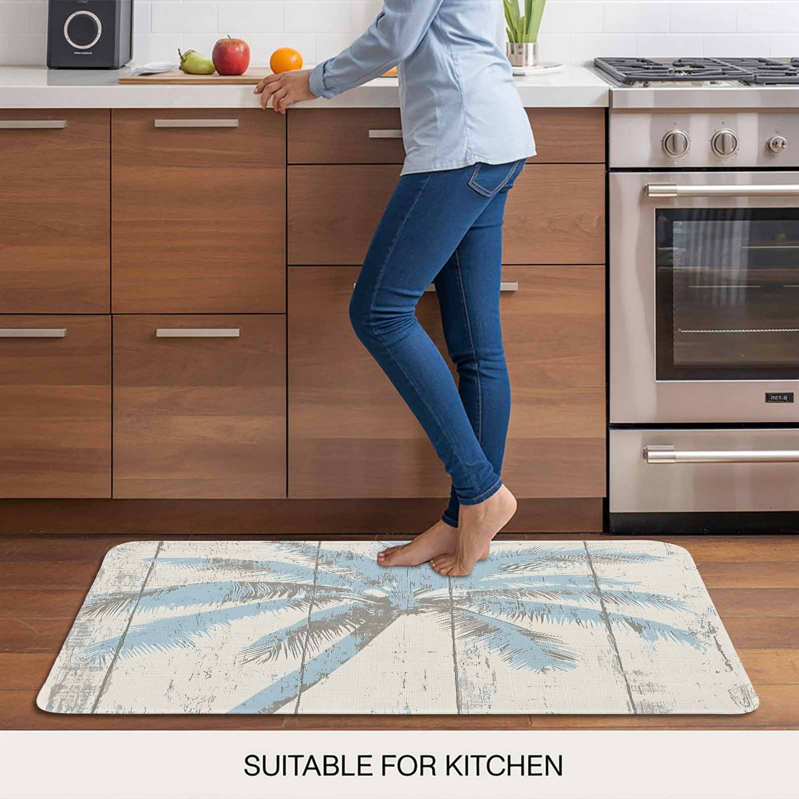 Blue Palm Tree Doormat Outdoor Entrance 16"x24", Tropical Beach Antique Wood Grain Summer Absorb Moisture Dirt Door Mats, Non-Slip Rubber Backing Floor Mats Indoor, Low-Profile Front Door Rugs