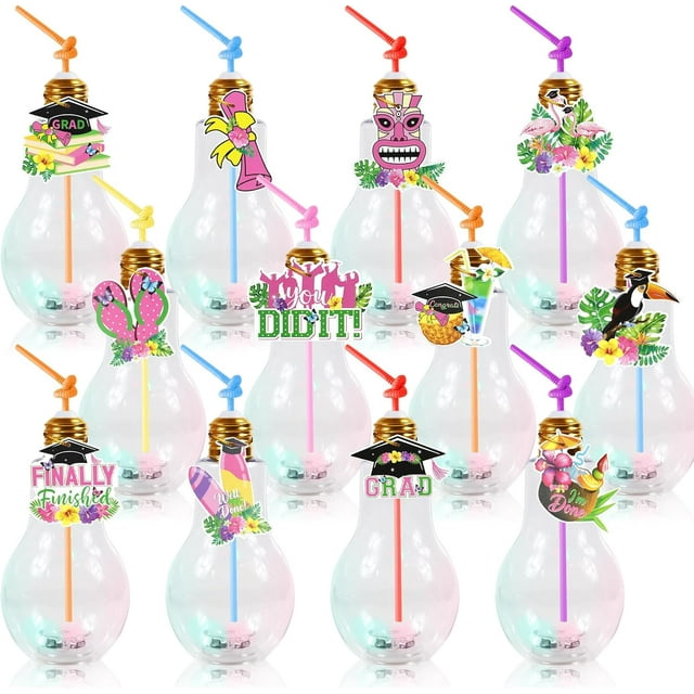 12Pack Graduation Plastic Light Bulb Jars with Hawaiian Graduation Tags and Straw Lighted Fillable Light Bulbs Cup Glow Drinking Cups Fillable Candy Containers for Class of 2025 Grad Party