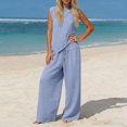 thumbnail image 5 of Bloomae Womens Summer Two Piece Sets Trendy Soft Cotton Linen Sleeveless Asymmetrical Crewneck Tank Tops Drawstring Waist Wide Leg Pants Set Lightweight Beach Vacation Cruise Outfits Blue XXL, 5 of 7