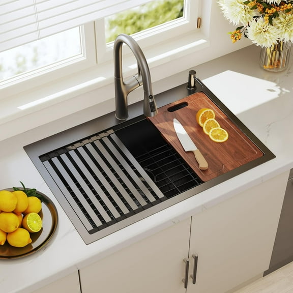 33 Inch Black Drop In Kitchen Sink 33x22 Workstation Topmount  Coating Stainless Steel Gunmetal Black Single Bowl Sinks 33" x 22" x 9"