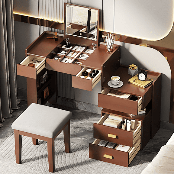 DreamBuck 3-in-1 Makeup Vanity Desk with Flip-Top Mirror, LED Lighting, Adjustable Length & Ample Drawers - Stylish Multi-Functional Dressing Table for Home, Walnut