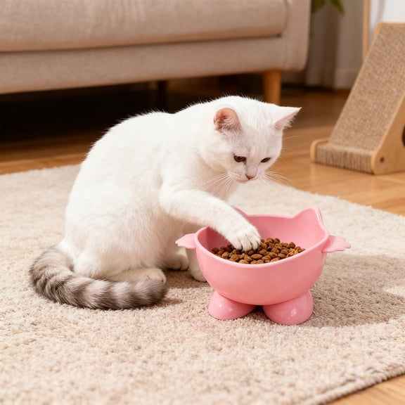 Large Capacity Elevated Cat Food Bowl - Whisker-Friendly Brown Plastic Pet Bowl, Neck-Protecting Water Bowl for Cats, Festive Pet Essential