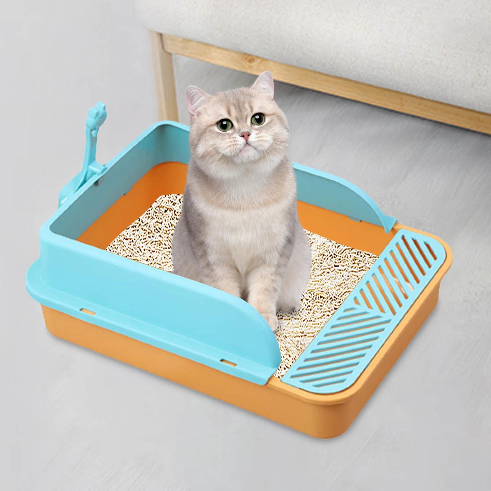 Cat Litter Tray Kitty Litter Pan Cat Sand Box Semi Enclosed Open Top Pet Kitten Toilet for Small Animals Easy to Clean, No Odor Orange and Blue Color L
