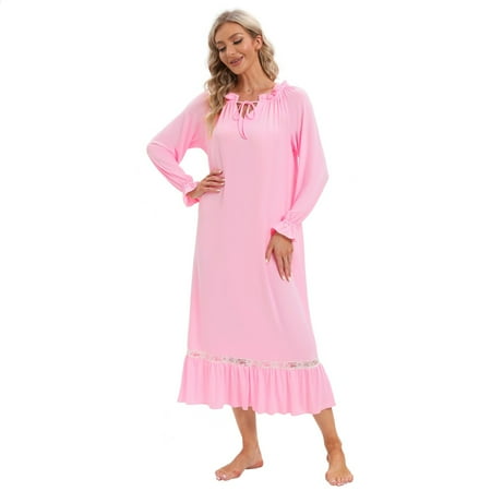 

Women Soft Long Sleeve Pajama Dress Victorian Nightgowns Full Length Vintage Sleepwear Loungewear