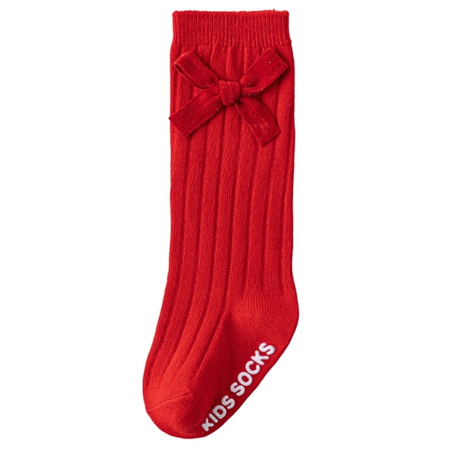 Splozh Chaussettes Hautes au Genou en Coton pour Tout-Petits Filles, Chaussettes Hautes au Genou pour Filles Antidérapantes, Bas Longs en Coton avec Nœud, Chaussettes Habillées Rouges, 12-15 Mois