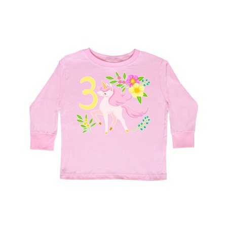 

Inktastic Third Birthday Pink Unicorn with Flowers Gift Toddler Boy or Toddler Girl Long Sleeve T-Shirt