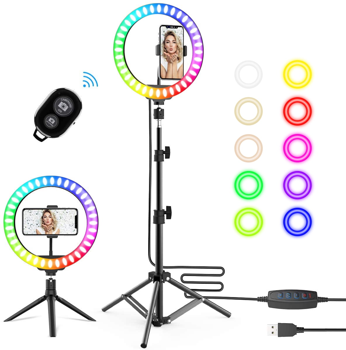 RGB Selfie Ring Light,14 RGB Colors Circle Light Dimmable LED Makeup Ring Light with Phone Holder & Extendable Tripod Stand for YouTube 10 Live Stream,Photography