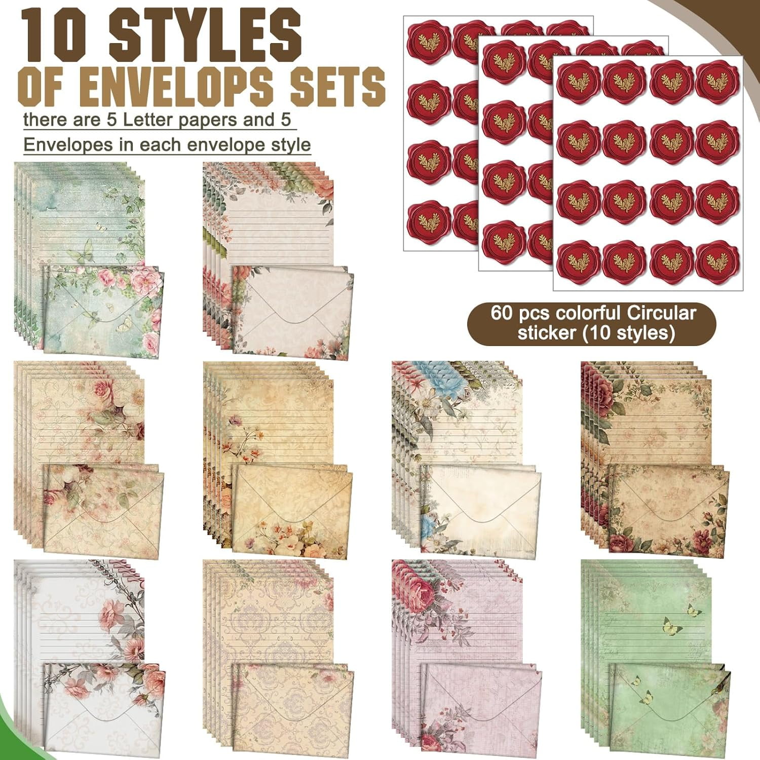 160 Pcs Stationery Paper Set 50 Double Sided Papers with Matching Envelopes and 60 Round Dot Sticker, 10 Design(Vintage Floral,5.5 x 8.25 Inch)