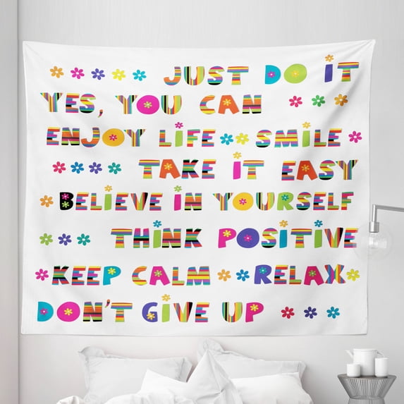 Colorful Tapestry, Slogans with Cheerful Funny Typography Design with Daisy Blossoms, Fabric Wall Hanging Decor for Bedroom Living Room Dorm, 5 Sizes, Multicolor, by Ambesonne