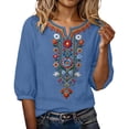 thumbnail image 5 of Qulqfy Embroidered Shirts for Women Fall 3/4 Sleeve Floral Casual Blue Tunic Comfy Cute Henley V-Neck Tshirts 3XL, 5 of 8