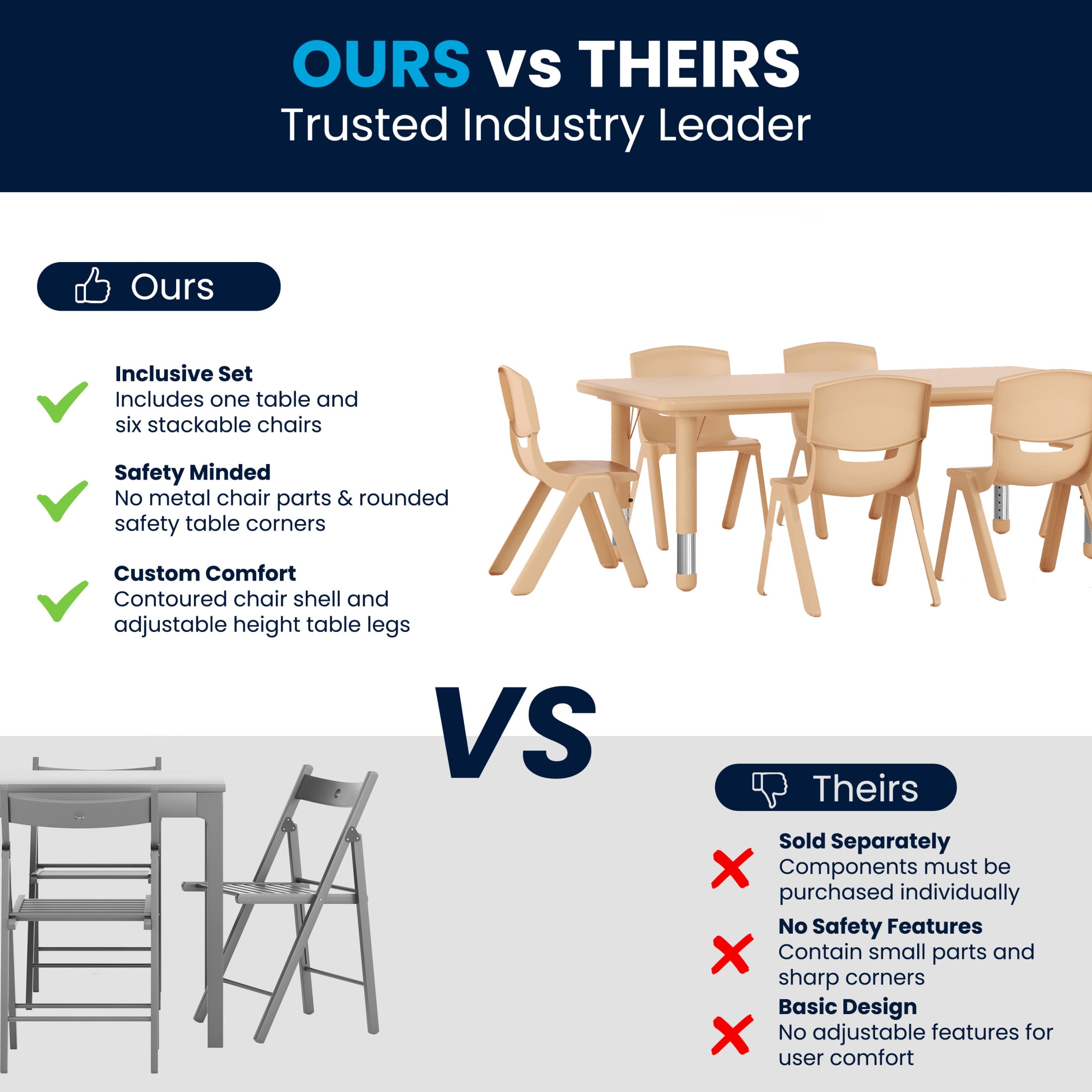 Flash Furniture Emmy 24"W x 48"L Rectangular Natural Plastic Height Adjustable Activity Table Set with 6 Chairs