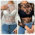 thumbnail image 3 of lanema Women Long Sleeve Sheer Floral Lace Top Mock Neck Slim Fit Mesh T-Shirt Clubwear, 3 of 14
