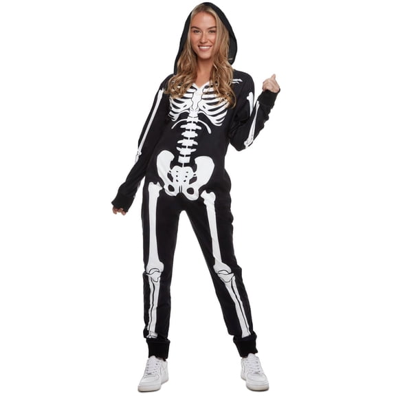 Morph Womens Skeleton Costume Adult One Piece Halloween Pajama Jumpsuit Halloween black M