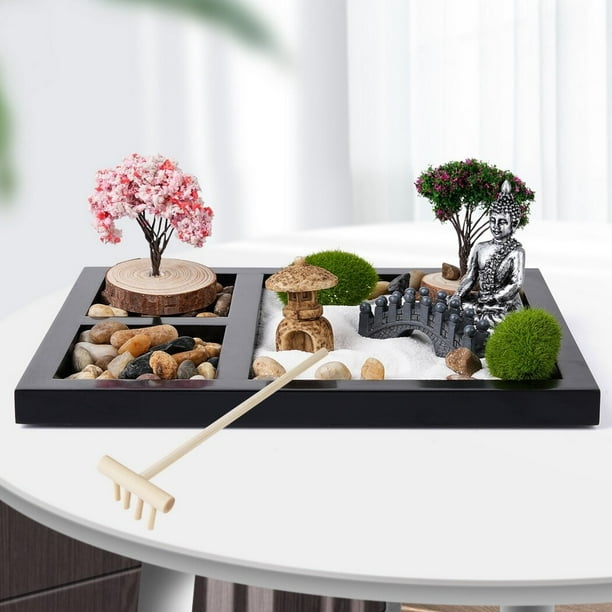 Mini jardín Zen, auténtico kit de jardín Zen, kit de accesorios de jardín Zen con herramientas de bambú, decoración de meditación de escritorio para el hogar y la oficina, regalos únicos de relajación