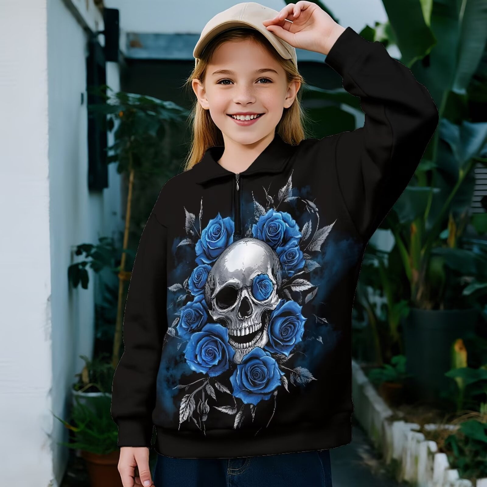 Uorisanigo Girls Half Zip Sweatshirt Fashion Blue Rose Skull Long Sleeve Pullover Top Fall Spring Outfits Clothes Oversized Quarter Zipper Cropped Sweatshirt for Sports and Daily Wear