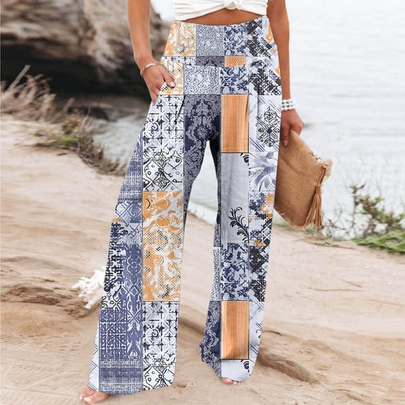 AHTJRT Palazzo Pants for Women High Elastic Waist Tummy Control Slack Pants Wit Pockets Boho Western Flowy Wide Leg Pants Multicolor#03 M
