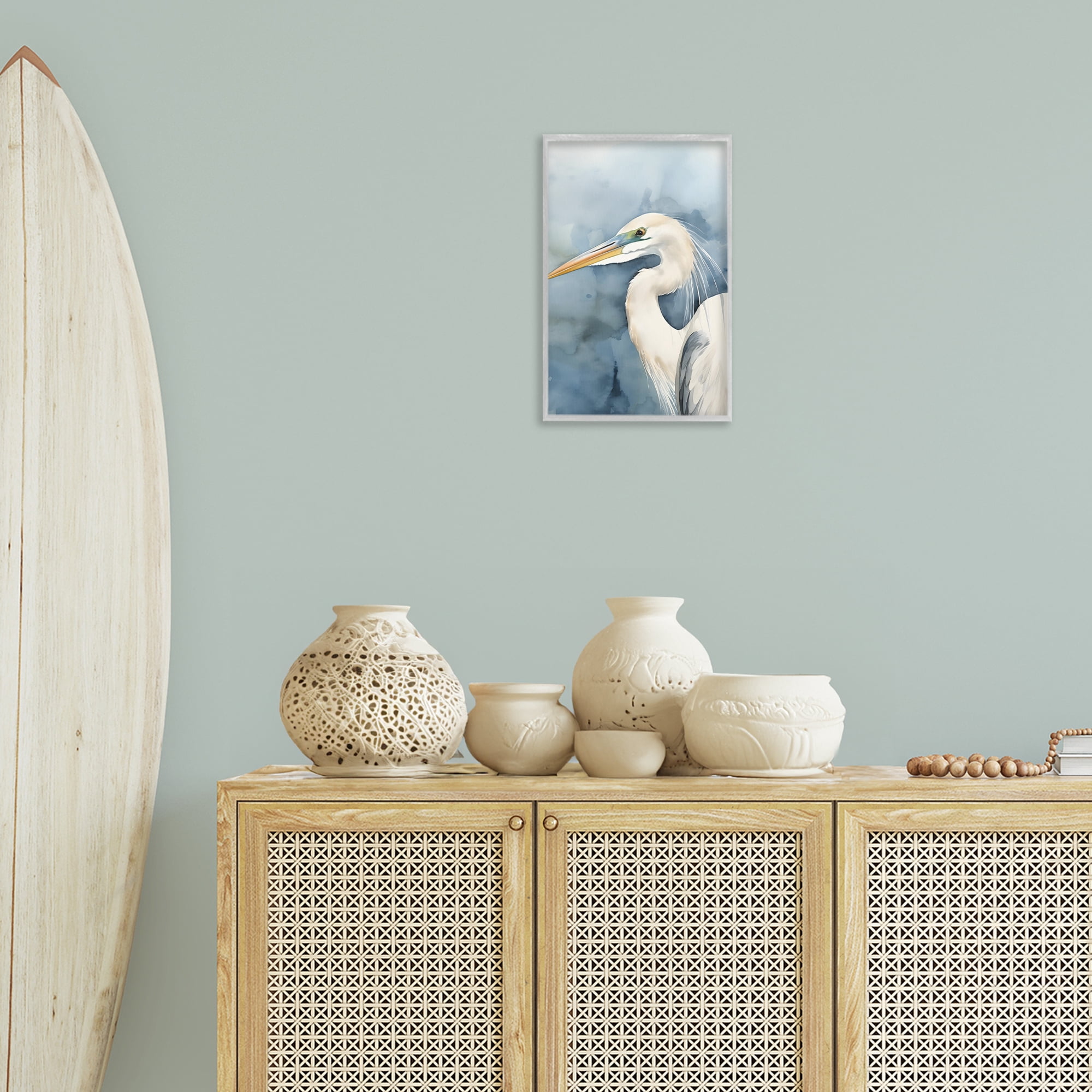 Stupell Industries Beach Bird on Blue Animals & Insects Painting Gray Framed Art Print Wall Art, 12 x 18
