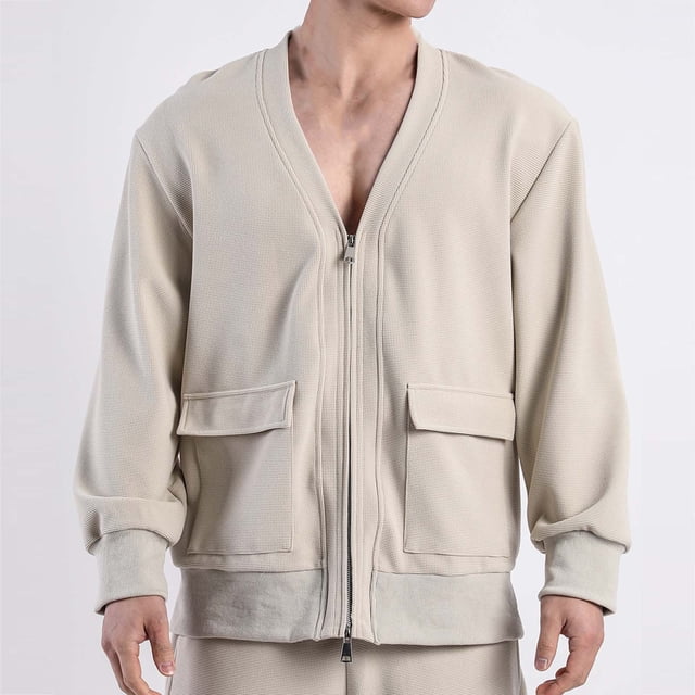 pstuiky Camisas suaves de manga larga para hombre, Suéter deportivo informal de manga larga con cuello en V y cremallera para hombre Tops de hombre l