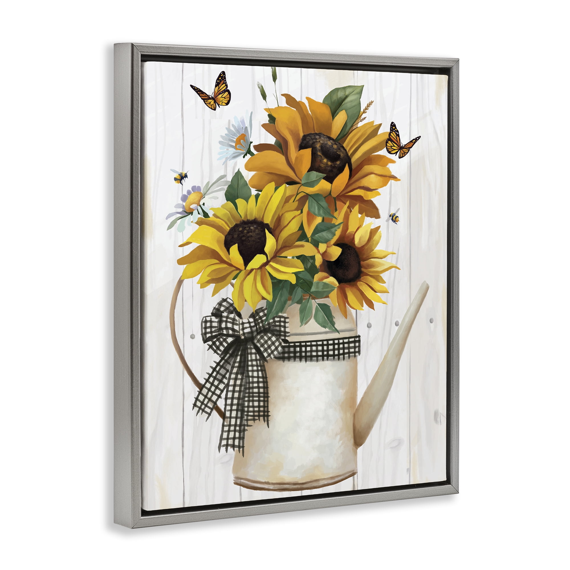 Stupell Industries Sunflower Trio in Watering Can Gray Framed Floater Canvas Wall Art, design by Lucca Sheppard