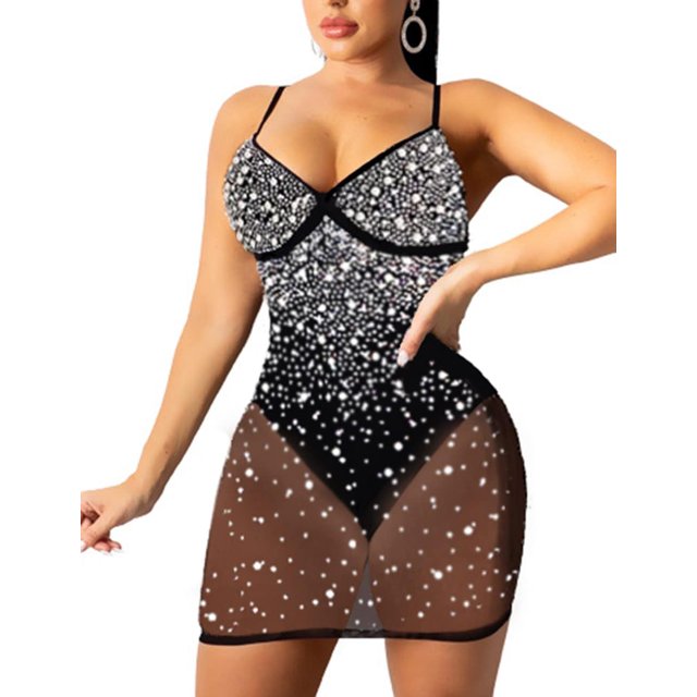 XINQIHANG Robe Moulante Sexy Élégante pour Femmes avec Strass, Robe de Soirée Longue