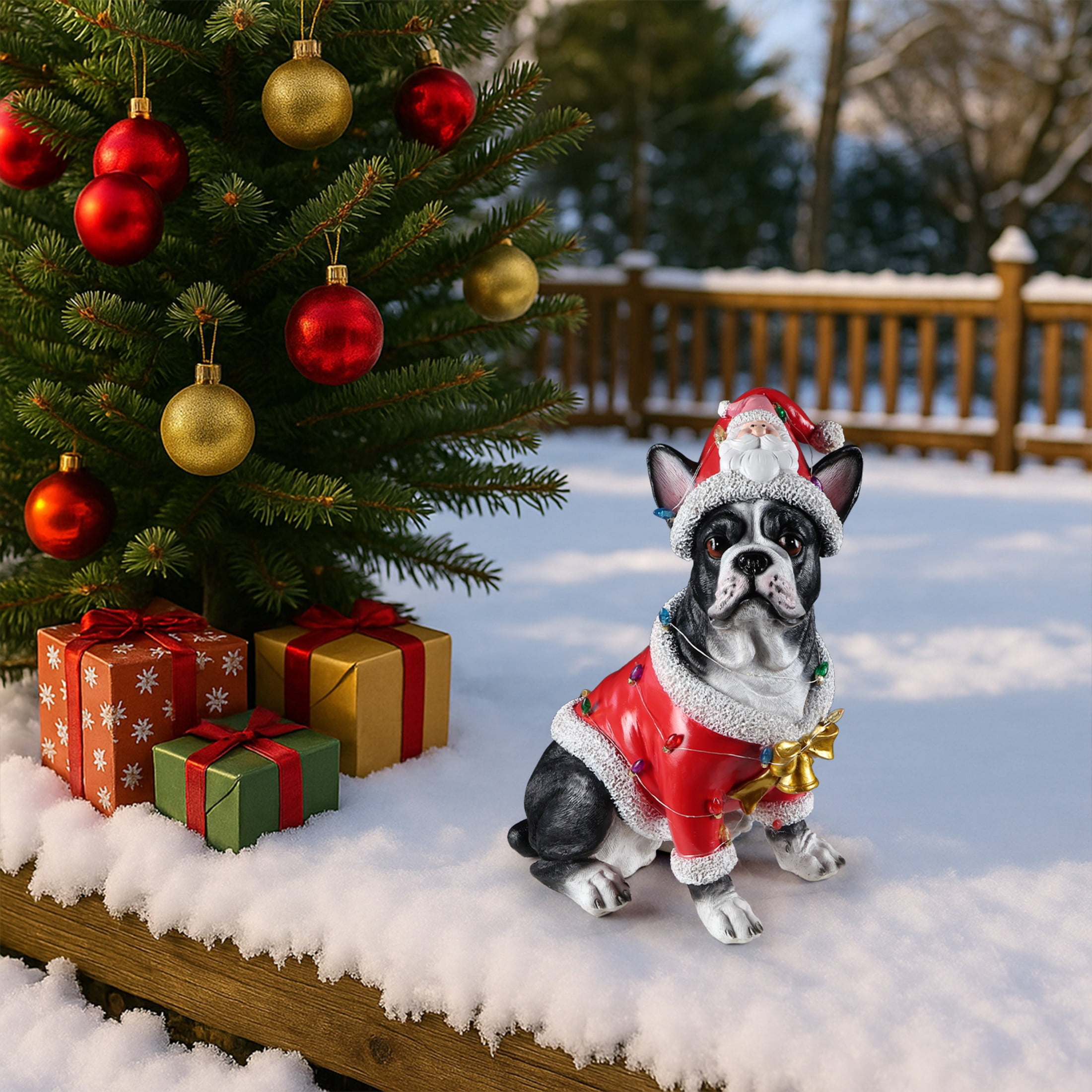 Noble House Christmas French Bulldog Statue, Cheerful Holiday Dog Figurine in Santa Outfit, Black Fur & Red Shirt
