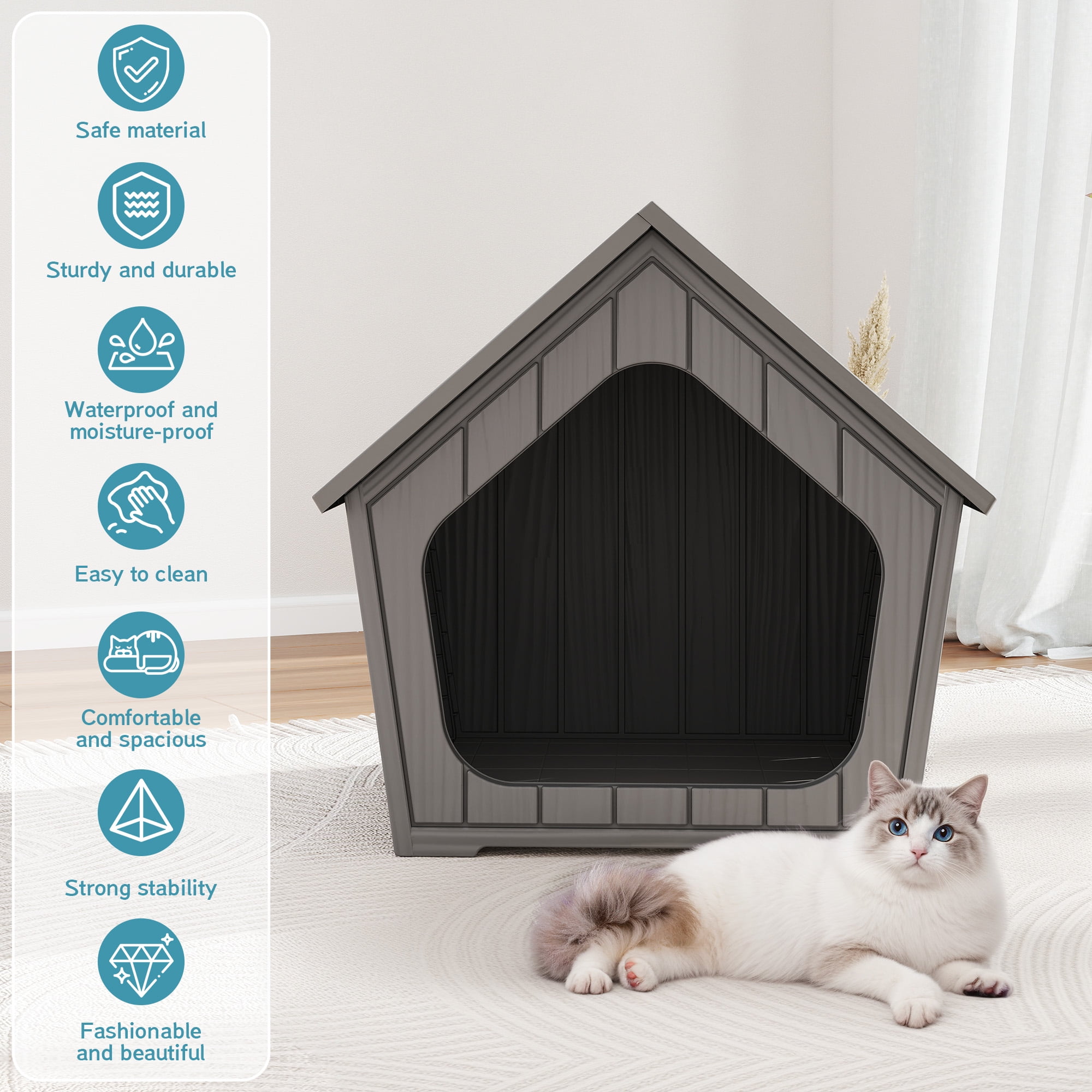 LHBcraft Outdoor Cat House,Weatherproof Resin Cat Shelter for Stray & Feral Cats,Durable All-Season Pet House for Indoor & Outdoor,Gray