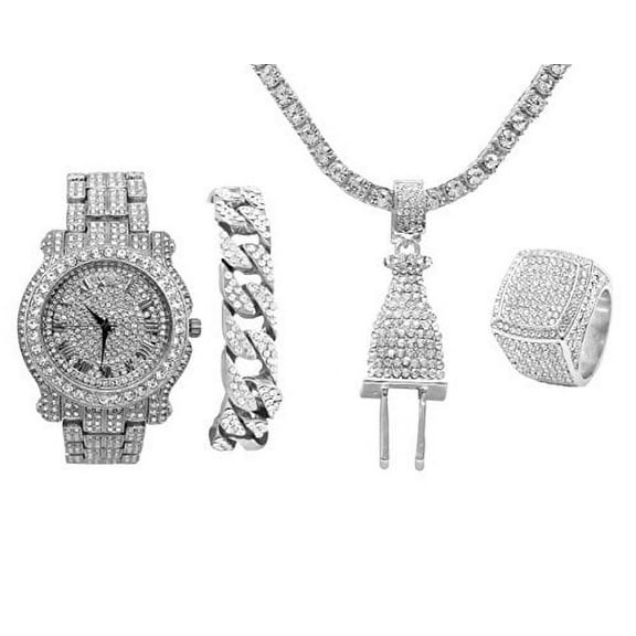 Charles Raymond Blinged Out Plug Hip Hop Pendant - Iced Out Look Luxury Wratch Covered with Crystal Clear Rhinestones - Iced Cuban Bracelet and Bling Ring Gift Set - Shine Like a Celebrity (9, Silver)