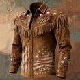 thumbnail image 4 of USA 250Th Anniversary Shirt Men's Long Sleeve Button Down Shirt Stars and Stripes Print Turn Down Collar Fringe Detail Casual Retro Western Style Relaxed Fit Khaki L, 4 of 5