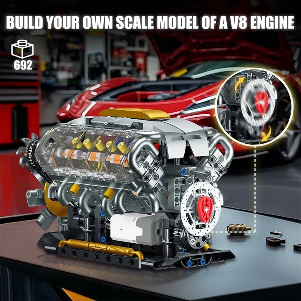 692PCS MOC V8 Engine Building Kit With Electric Motor STEM Educational Toy For Kids Adults ,Working Model Car Engine Gift Set