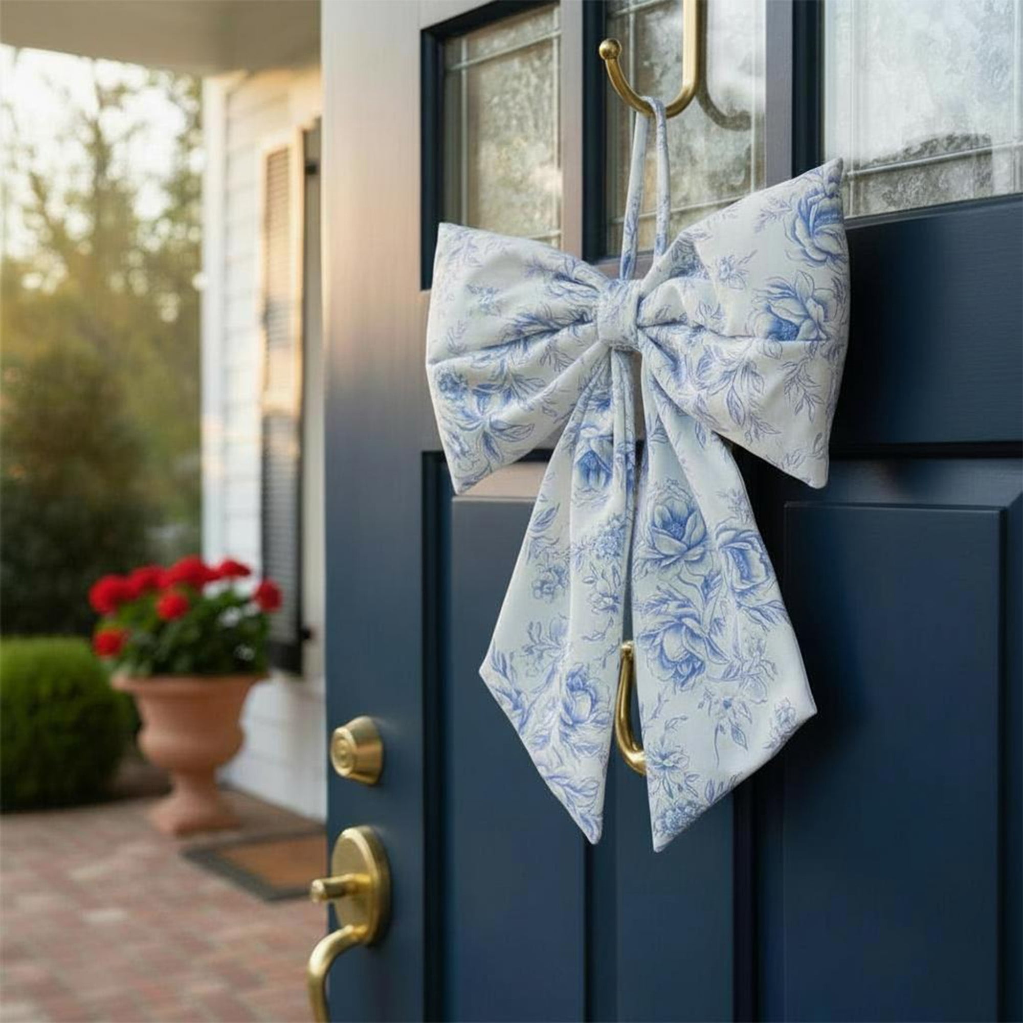 Floral Decorative Bow, Blue and White, 13.75", by My Texas House