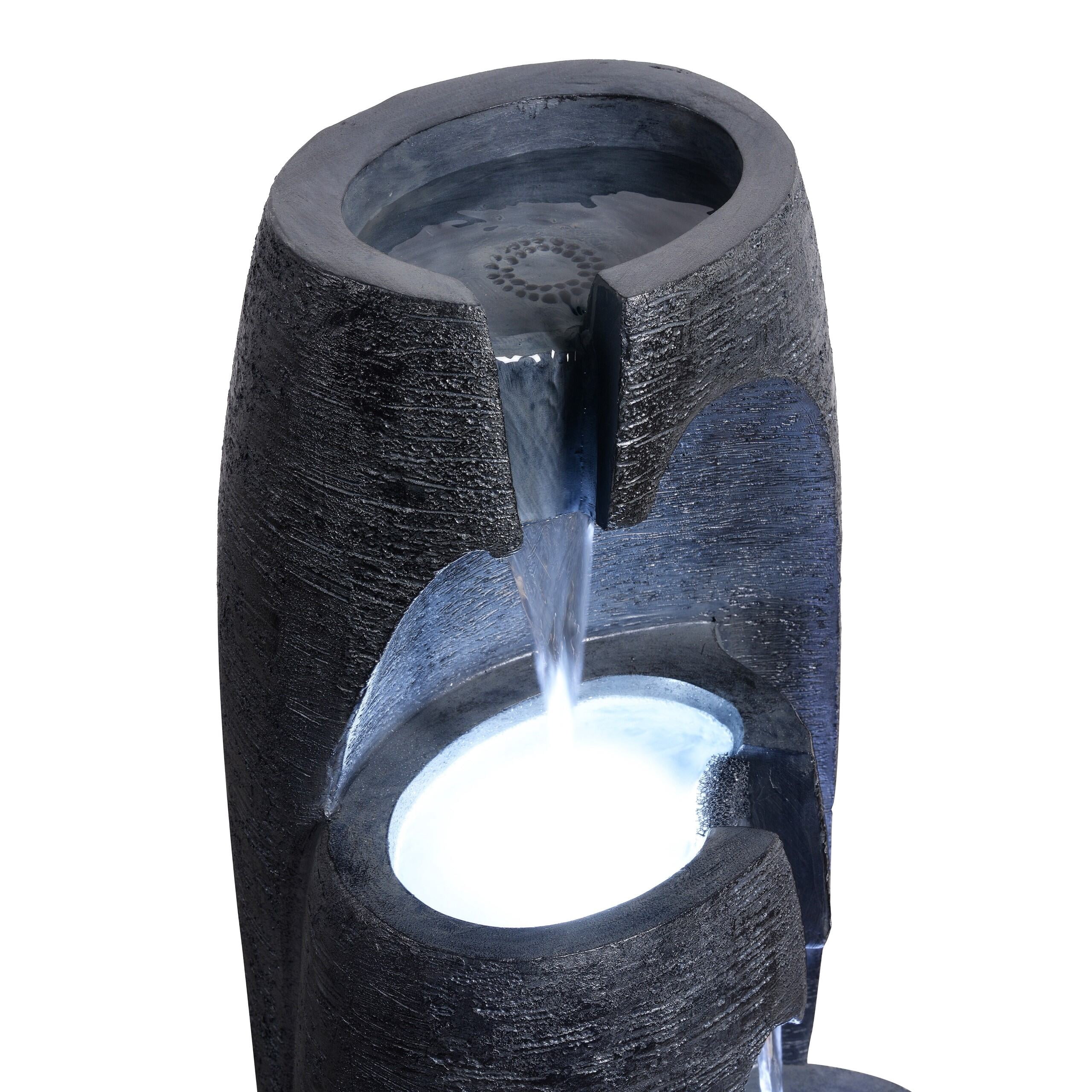 Teamson Home 3-Tier Cascading Urn Outdoor Water Fountain, Cool Glow Lighting with Adjustable Flow & Electric Pump, Black