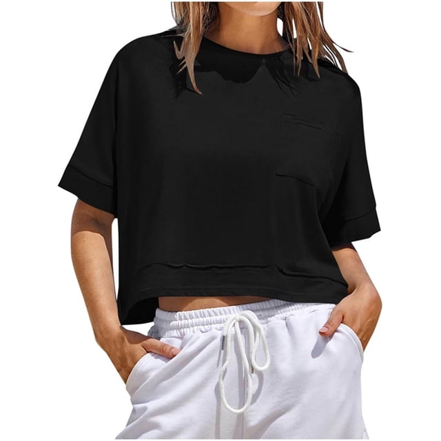 Yanlir Chemisier à Manches Courtes pour Femmes avec Boutons, Col Rond, Mode Printemps, Basique, Doux (Noir,)