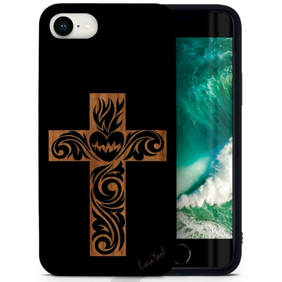 Case Yard Wooden Case for iPhone-SE Soft TPU Silicone cover Slim Fit Shockproof Wood Protective Phone Cover for Girls Boys Men and Women Supports Wireless Charging Cross 2 Design