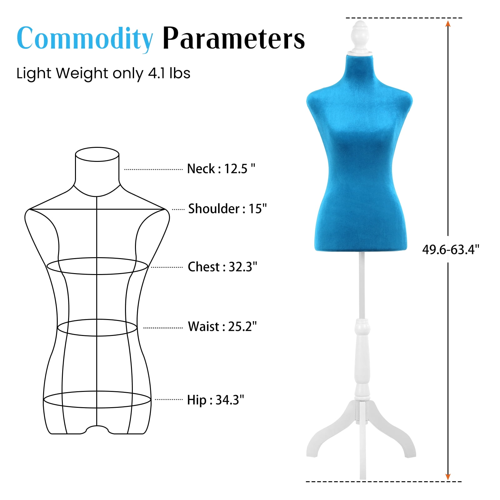 Dkelincs Female Mannequin Torso with Wooden Tripod Stand, 49.6"-63.4" H Adjustable Model Dress Form Manikin for Display, Blue