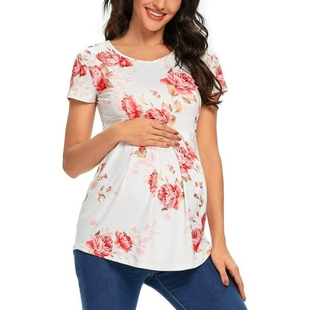 

Gifts for Mom! Jerdar Maternity Nursing Tops Flower Print Short Sleeve Pregnant Woman Casual Clothe Top