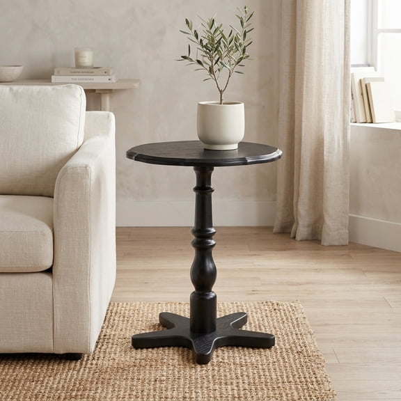 Round Wood Pedestal Side Table - Vintage Accent Nightstand for Living Room, Bedroom (Black)
