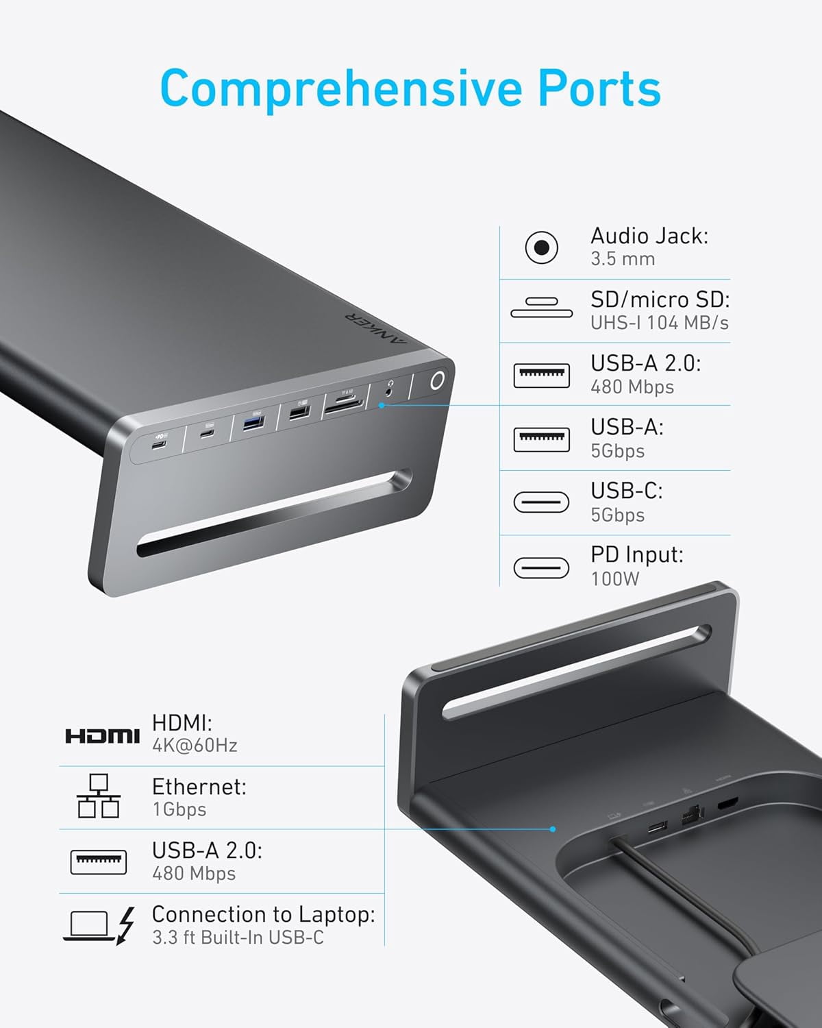 Anker USB C Hub, 10-in-1 Aluminum Monitor Stand with 100W PD, 5Gbps USB Ports, 4K@60Hz HDMI Display, Built-in 3.3 ft Cable, Clutter-Free Desk