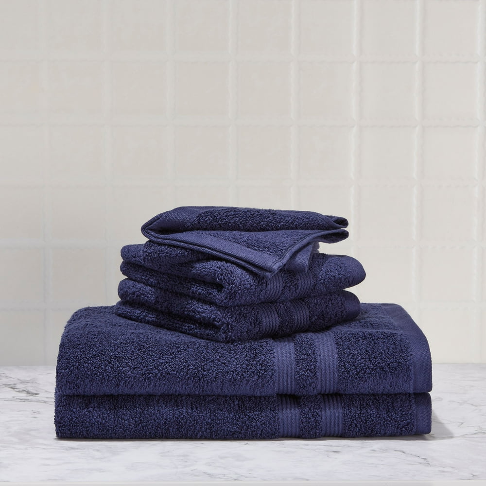 Mainstays Performance Solid 6Piece Bath Towel Set Navy Blue