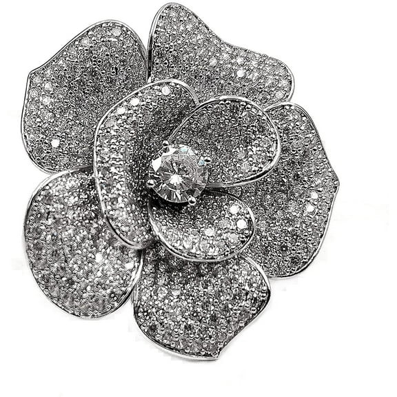 Jewelblings Shiny Stylish Silver Tone Full Micro Pave CZ Blossom Clear White Flower Brooch Pin Women Wedding Bouquet Accessory