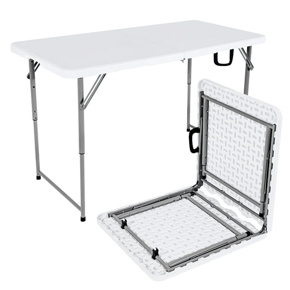 48" W x 24" D x 29.5" H - 4FT Adjustable Height Heavy Duty Plastic Fold-in-Half Foldable Table,White Portable Folding Table with Carrying Handle for Camping & Party