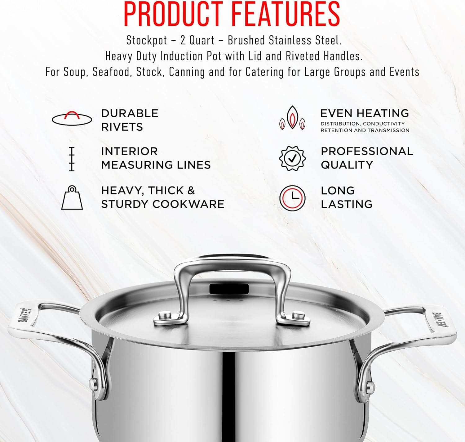 Bakken 2-Quart Stainless Steel Stockpot with Lid, Heavy-Duty 18/8 Steel, Riveted Handles, Oven & All-Stove Safe