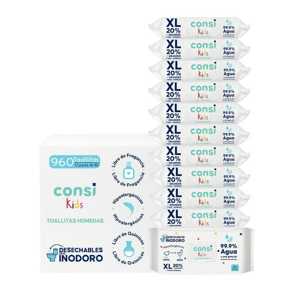 Toallitas Humedas para Niños Consi Kids 12 paquetes con 80 toallitas c/u (960 toallitas en total)