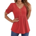 thumbnail image 2 of MOYIKO Blouses for Women T Shirts Pleated Button Puff Short Sleeve Shirts Dressy Casual V Neck Tunic Tops Summer Shirts, 2 of 7