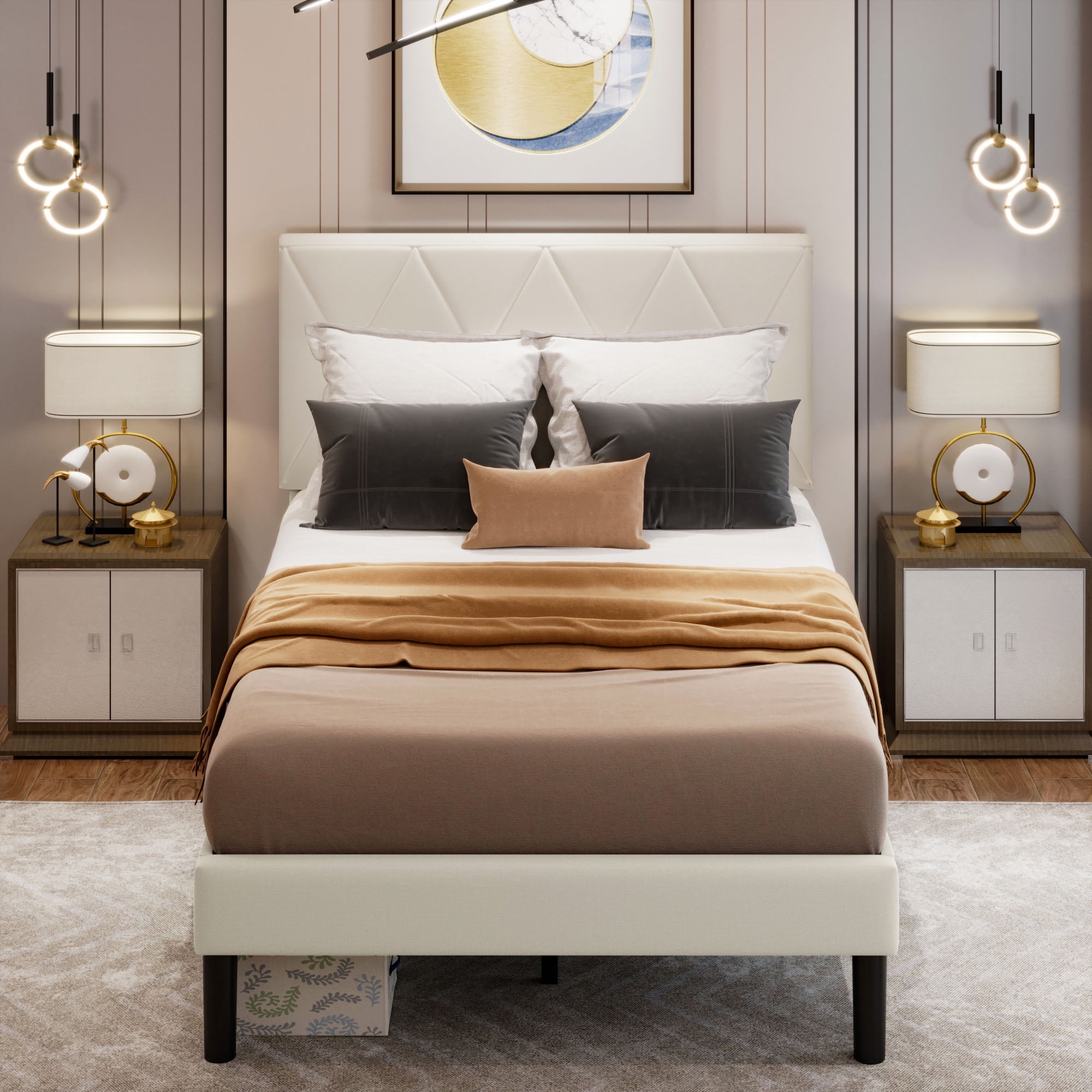 DEXTRUS Full Size Upholstered Bed Frame with Adjustable Headboard, Beige