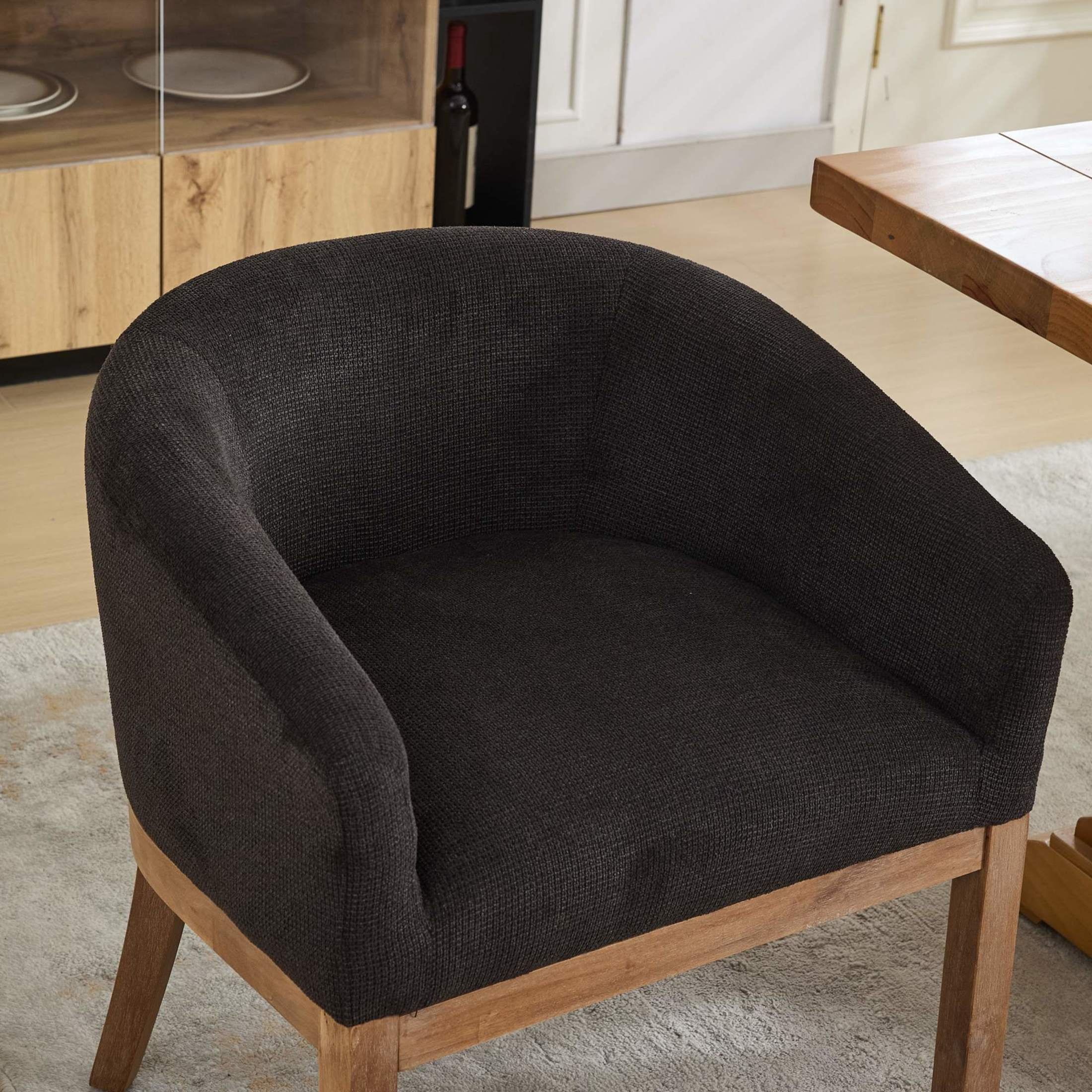 Noble House Barrel Dining Chair with Arms, Linen Upholstery, Rubberwood Frame, Charcoal Gray