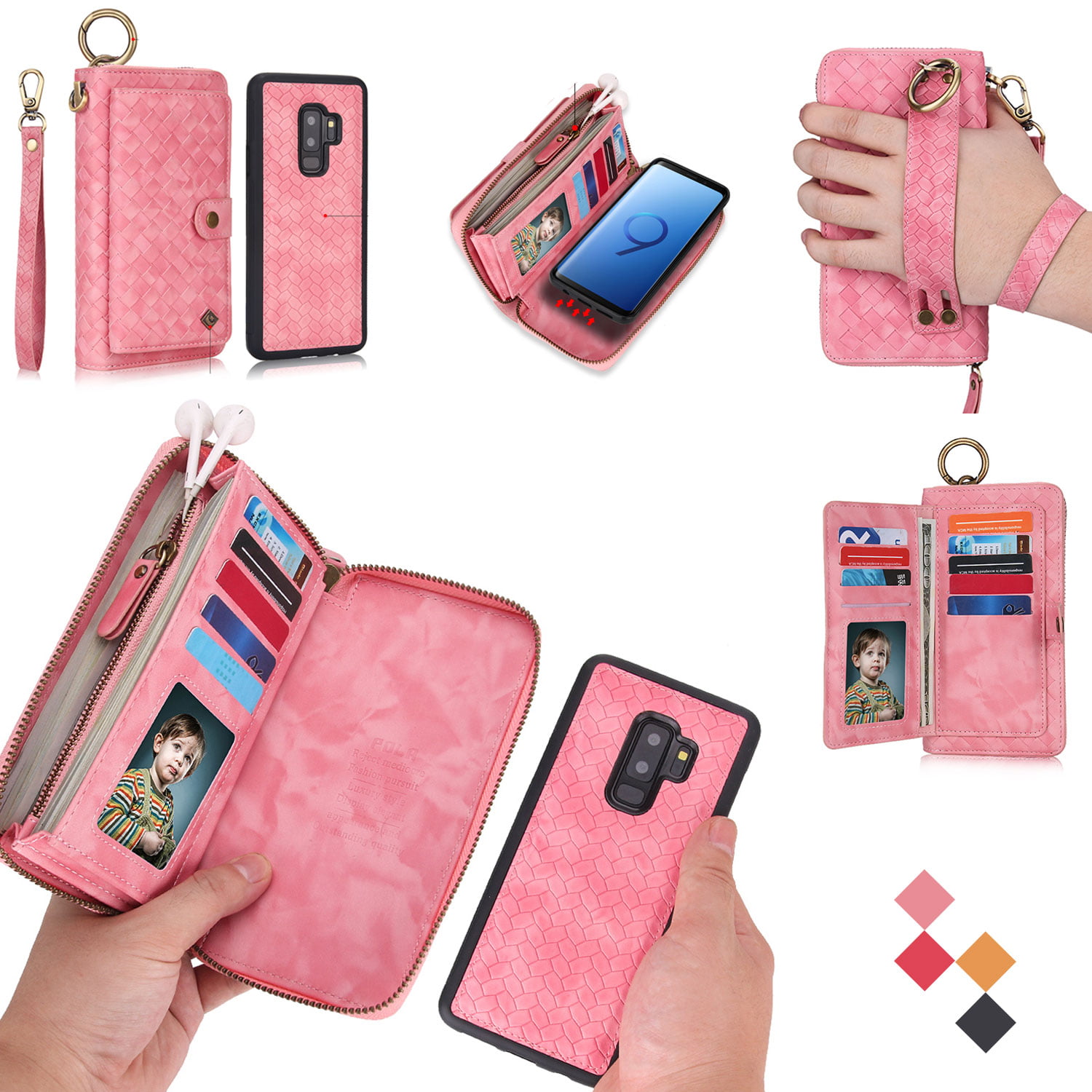 Galaxy S9 Plus Case, Galaxy S9+ Case, Allytech Premium Leather Wallet  Zipper Detachable Magnetic Back Shell Cash Cards Holder Girls Women Hand  Strap 