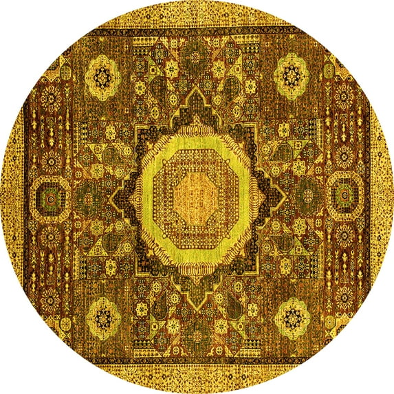 Ahgly Company Machine Washable Indoor Round Abstract Yellow Modern Area Rugs, 3' Round